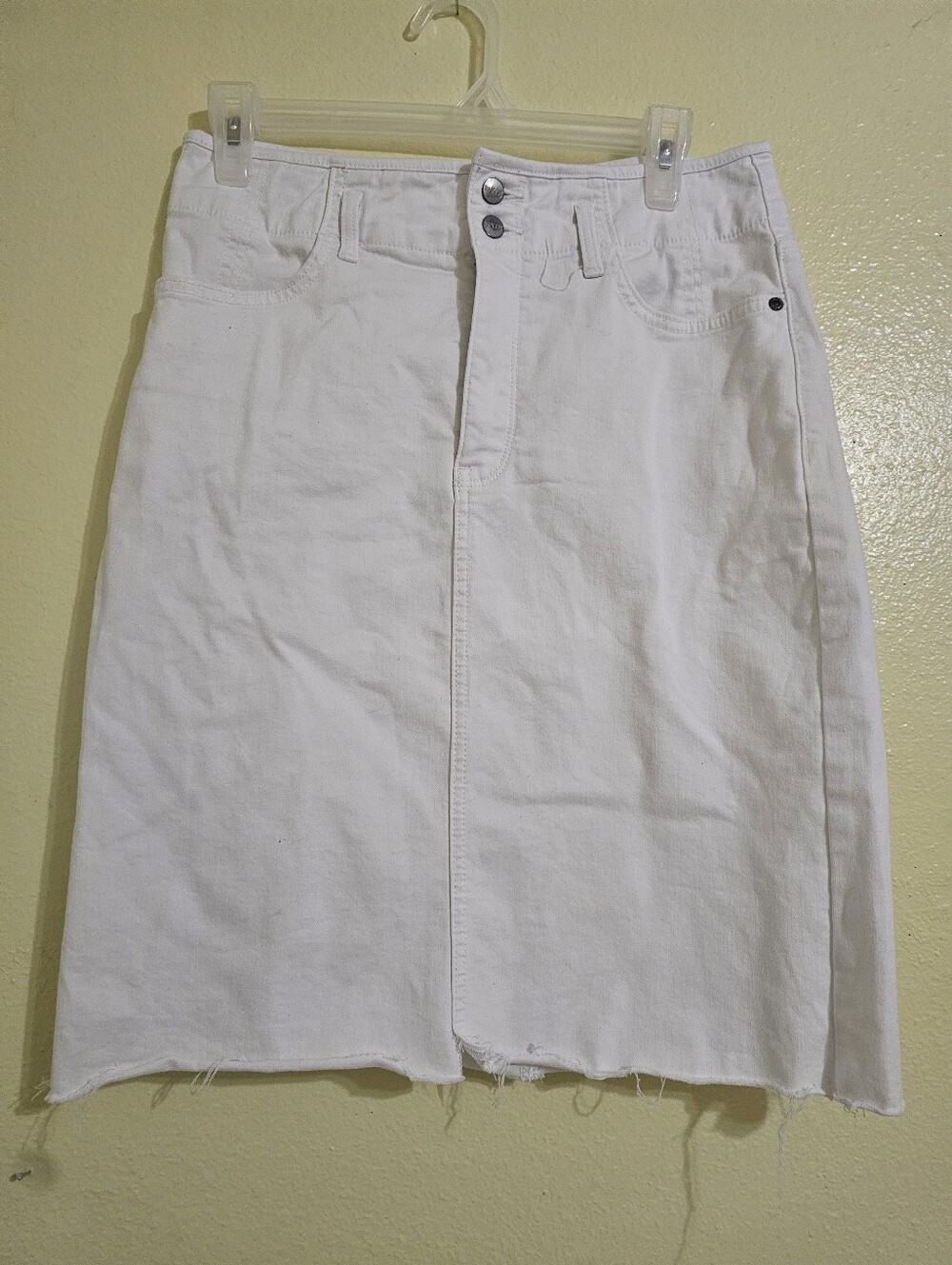 NYDJ White Denim Midi Skirt with Raw Hem